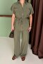 Women's Khaki Pocket Belted Button Detailed Linen Textured Top and Bottom Set - 5