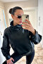 Women's Oversize Zr Model Textured Stand Collar Black Leather Jacket - 3