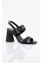 Black Leather Gold Buckle Detailed Platform Heeled Sandals - Premium Quality Stylish Evening Dress Shoes 9cm - 4