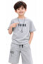 Boy's Think Written Necklace Detailed Shorts Set with Regular and Cargo Pockets in Gray Color - 2
