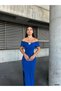 Women's Cobalt Blue Madonna Collar Stone Detailed Slit Long Evening Dress - 2