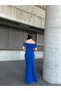 Women's Cobalt Blue Madonna Collar Stone Detailed Slit Long Evening Dress - 4
