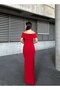 Women's Red Madonna Collar Stone Detailed Slit Long Evening Dress - 4