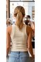 Halter Neck Ribbed Cream Sleeveless Crop Bustier Camisole Women's Gathering Lycra Daily Fit - 2