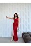 Red Double-Breasted V-Neck Slit Sequined Evening Dress - 2