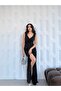 Black Double-Breasted V-Neck Sequined Evening Dress with Slits - 3