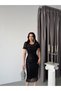 Black Beaded Belted Short Sleeve Midi Evening Dress - 3