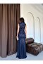 Navy Blue Double-Breasted V-Neck Slit Sequined Evening Dress - 6