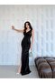Black Double-Breasted V-Neck Sequined Evening Dress with Slits - 2
