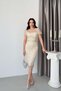 Beige Beaded Belted Short Sleeve Midi Evening Dress