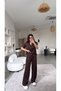 Brown Basic Modal Fabric Collared Wide Leg Suit - 3