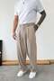Beige Pleated Baggy Fabric Trousers - 2