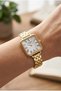 Square Case Women's Wristwatch |   22mm Steel Case, Gold Steel Band, White Dial - 4