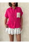 Fuchsia Linen Raw Pocket Appliqué Linen Shirt with Pockets |   D2360 - 4