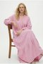 Women's Modest Linda 100% Cotton Muslin Lined Balloon Sleeve Layered Pink Long Dress