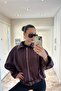 Women's Oversize Bomber Burgundy Leather Jacket with Belt - 3