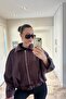 Women's Oversize Bomber Burgundy Leather Jacket with Belt - 2