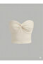 Ecru Strapless Front Knot Detailed Crop Blouse Women's Fit Cut Bustier, Front Knot Strapless Crop Blouse