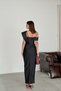 Women's Black Draped Long Evening Dress – Stylish Event Dress with Stone Detailing Mlb169 - 6