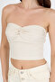 Ecru Strapless Front Knot Detailed Crop Blouse Women's Fit Cut Bustier, Front Knot Strapless Crop Blouse - 3