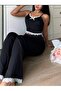 Women's Black Lace Trim Soft Textured Pajama Set - 5