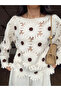 Women's Ecru Daisy Embroidered Laser Cut Openwork Long Sleeve Bohemian Blouse