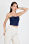 Navy Blue Strapless Front Knot Detailed Crop Blouse Women's Fit Cut Bustier, Front Knot Strapless Crop Blouse - 7