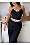 Women's Black Lace Trim Soft Textured Pajama Set - 6