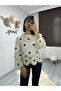 Women's Ecru Cobalt Blue Daisy Embroidered Laser Cut Openwork Bohemian Blouse - 2