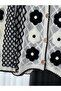 Women's Ecru Black Floral Embroidered Crew Neck Diamond Pattern Knitted Cardigan - 3