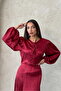 Kraşlı Satin Front-Tie Blouse - Burgundy |   F1916
