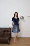 Women's Navy Blue Zipper Detailed Polo Collar Plaid Patterned Mini Dress - 3