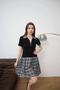 Women's Black Zipper Detailed Polo Collar Plaid Patterned Mini Dress