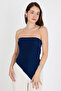 Navy Blue Strapless Asymmetrical Cut Side Ruched Detailed Crop Blouse Women's Stylish Bustier, Navy Blue Bustier - 5