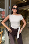 Women's Asymmetrical Collar Belted Blouse with Buckle at the Waist - 4