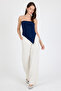 Navy Blue Strapless Asymmetrical Cut Side Ruched Detailed Crop Blouse Women's Stylish Bustier, Navy Blue Bustier - 7
