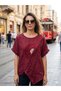 Women's Italian Burgundy Daisy Embroidered Asymmetrical Short Sleeve 100% Linen Blouse