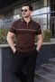 Men's Casual Striped Zippered Knitwear Brown Polo Neck T-Shirt - 5