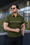 Men's Casual Striped Zippered Knitwear Khaki Polo Neck T-Shirt - 3