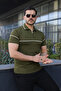 Men's Casual Striped Zippered Knitwear Khaki Polo Neck T-Shirt