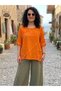 Women's Italian Orange Floral Embroidered Oversize Loose 100% Linen Blouse - 2