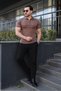 Men's Casual Striped Zippered Knitwear Dark Brown Polo Neck T-Shirt - 5