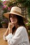 Women's Camel Straw Fedora Hat with Tape and Stitching Detail |   Summer Wide Brim Trendy Beach Fashion - 5