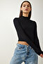 Turtleneck Ribbed Crop Knitted Blouse Lah0004 Black - 2