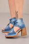Women's Denim Sandals with Decorative Buckle Detail Medium High Heels