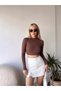 Women's Coffee Color Backless Tie Detailed High Neck Long Sleeve Cropped Blouse - 5
