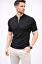 Men's Short Sleeve Ribbed Knit T-Shirt Summer High Collar T-Shirt - Black - 2