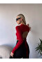 Women's Burgundy Backless Tie Detailed High Neck Long Sleeve Cropped Blouse - 2