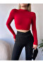 Women's Burgundy Backless Tie Detailed High Neck Long Sleeve Cropped Blouse - 6