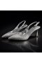Women's Silver Stone Silver Stiletto Slingback Pointed Toe Evening Dress Heeled Shoes - 6